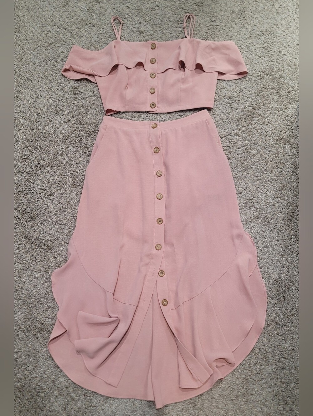 Lulus Malta Dusty Pink Mauve Button Up Skirt Off The Shoulder Top Set Sm - Picture 6 of 9